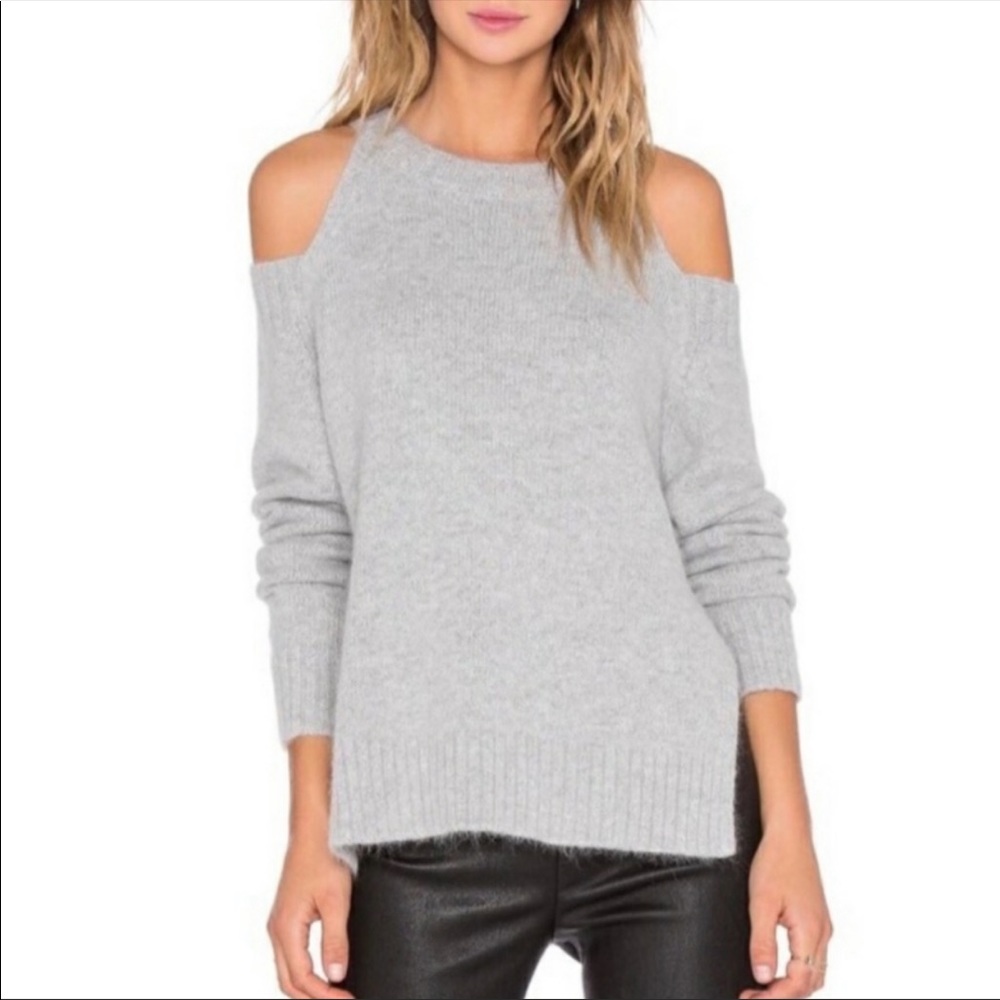 J.O.A. Revolve Cold Shoulder Gray Angora Sweater